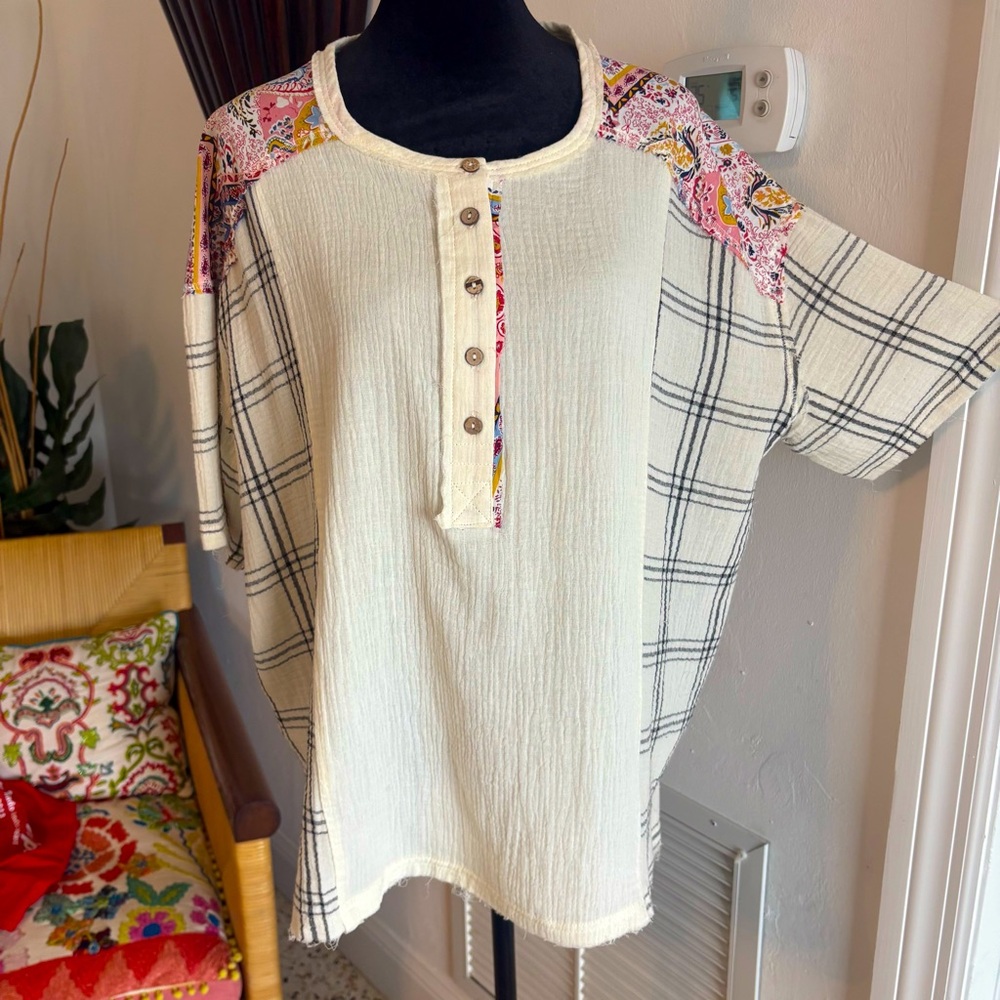 ANTHROPOLOGIE SAGE + FIG Bohemian Oversized Multi Fabric Cotton Top! Like new! M